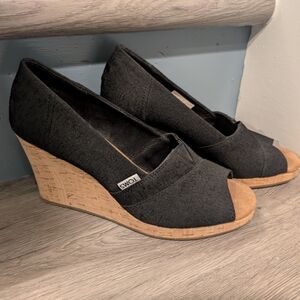TOMS Black Open-Toe Cork Wedge Heels